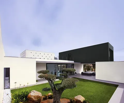 Casa moderna con patio: paredes blancas, acento negro, césped verde, árbol bonsái y cielo azul.