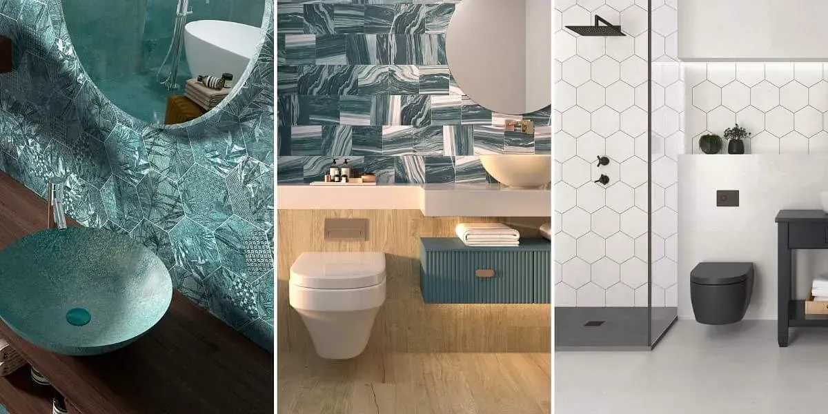 Tres diseños de interiores de baños con diferentes combinaciones de colores y estilos de azulejos.