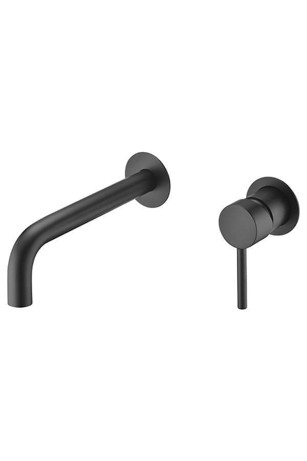Juego de grifo de pared en color negro mate con caño y manija de palanca.
