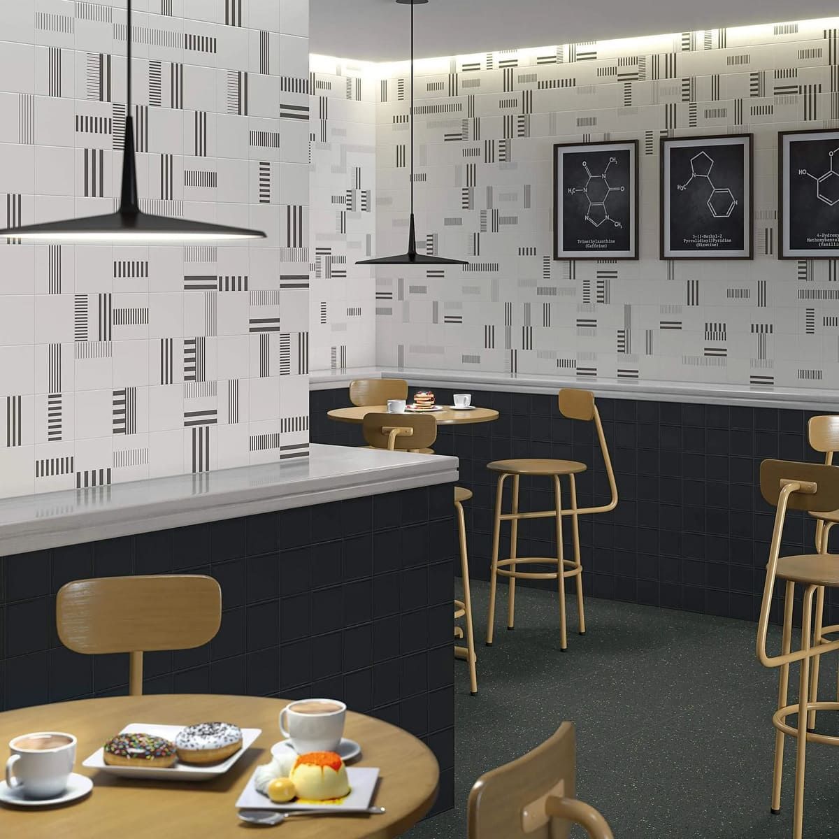 Interior de cafetería con paredes blancas con motivos geométricos, detalles en negro, mesas y sillas de madera e iluminación cenital.
