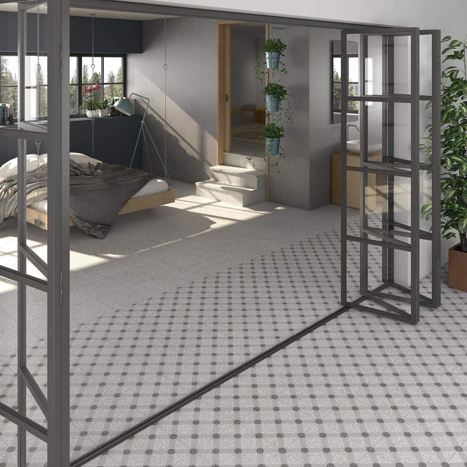 Vista interior con puertas de vidrio, piso de baldosas y un dormitorio al fondo.