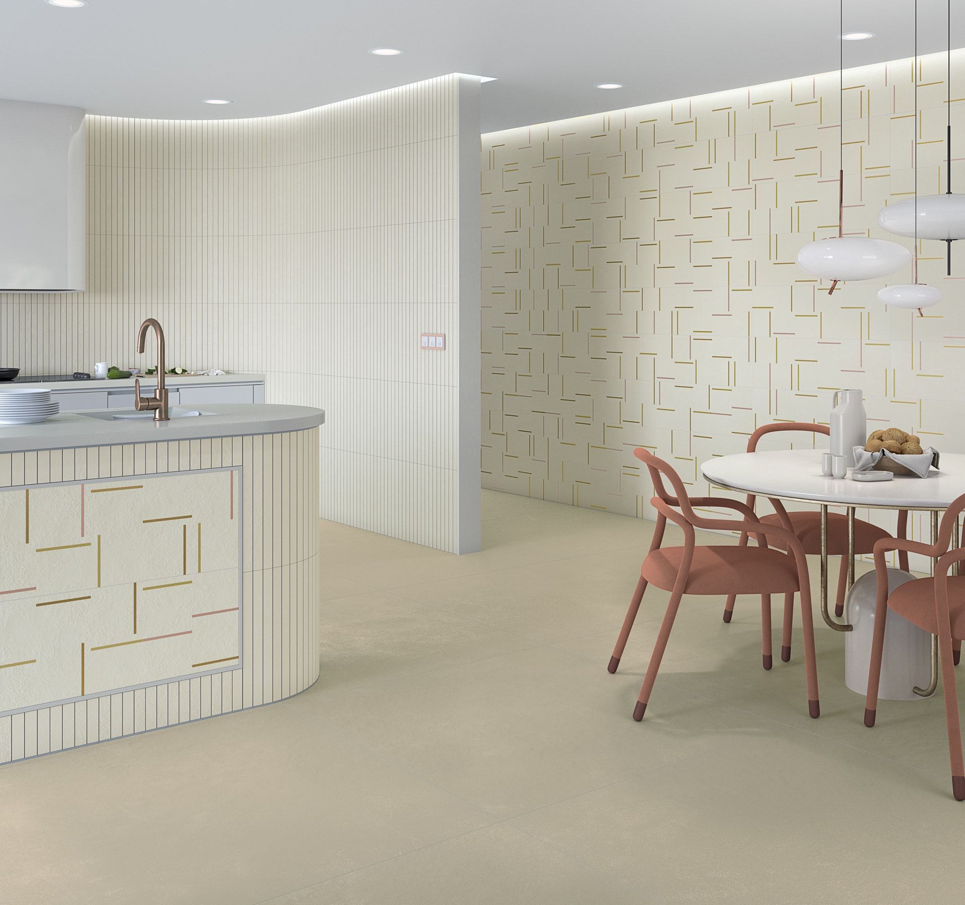 Cocina y comedor modernos con tonos beige, superficies curvas y una mesa redonda con sillas.
