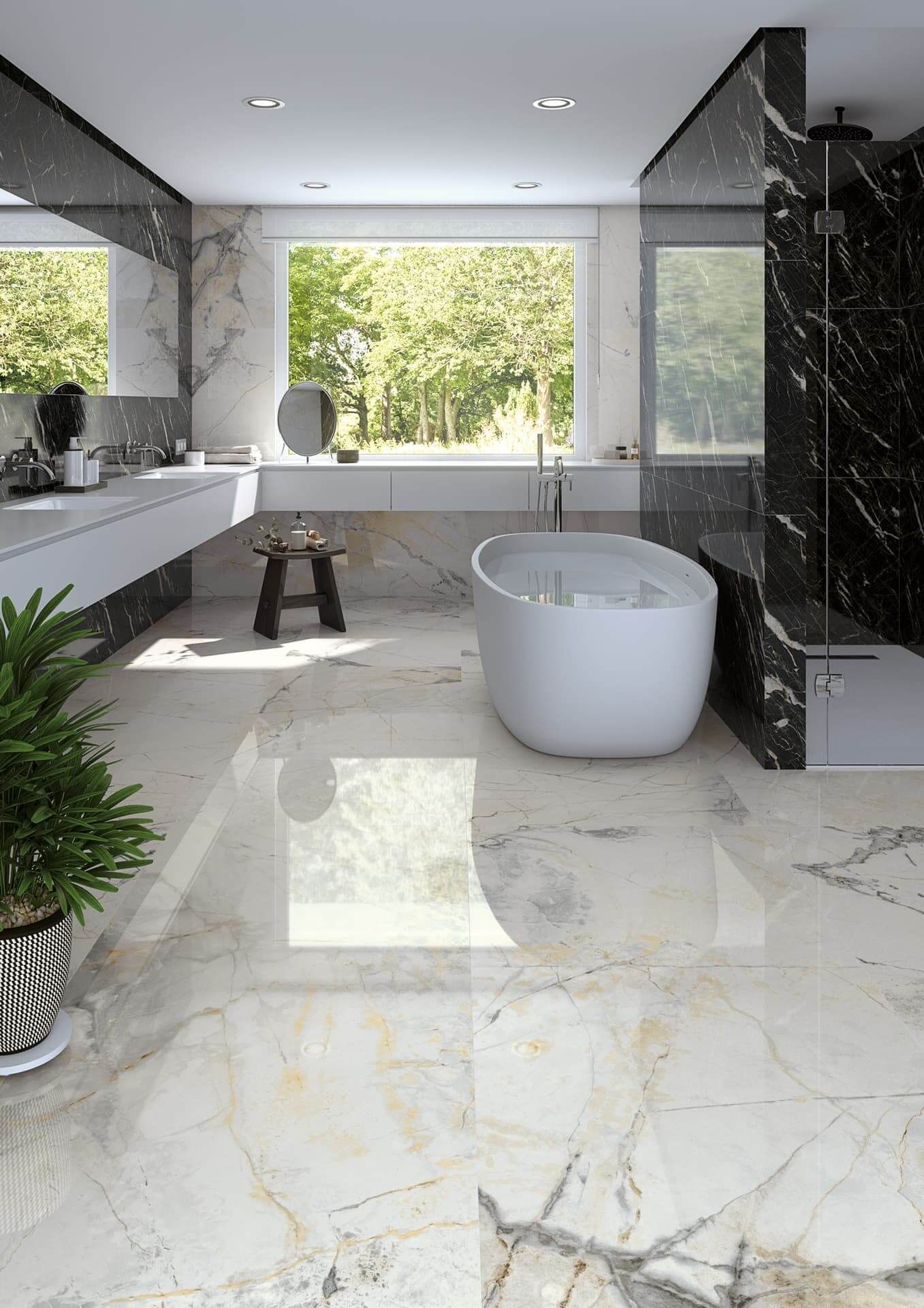 Baño de lujo con pisos de mármol, bañera blanca, gran ventanal con vista a los árboles y ducha de mármol negro.