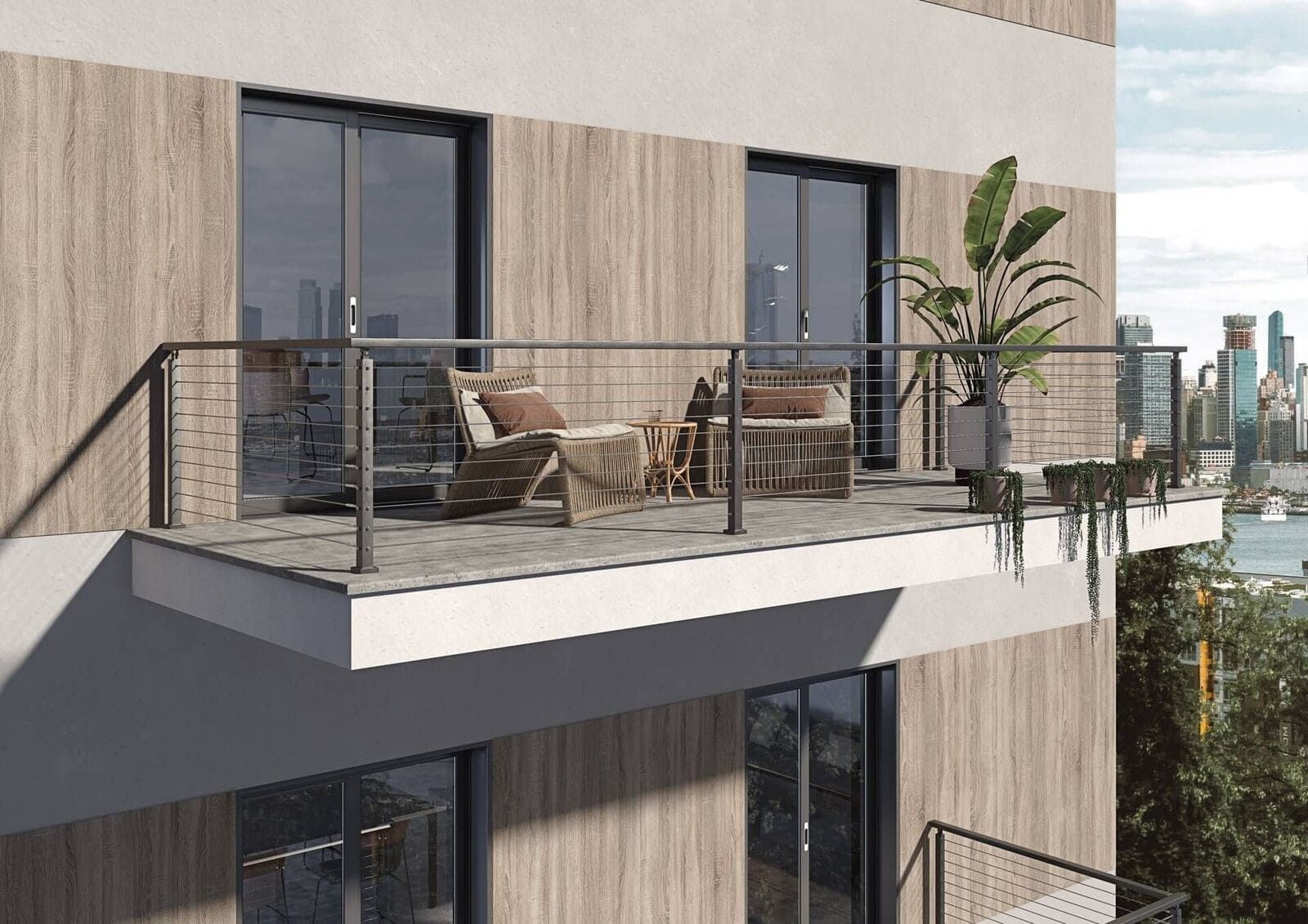 Balcón de un edificio moderno con muebles, plantas y vista a la ciudad.