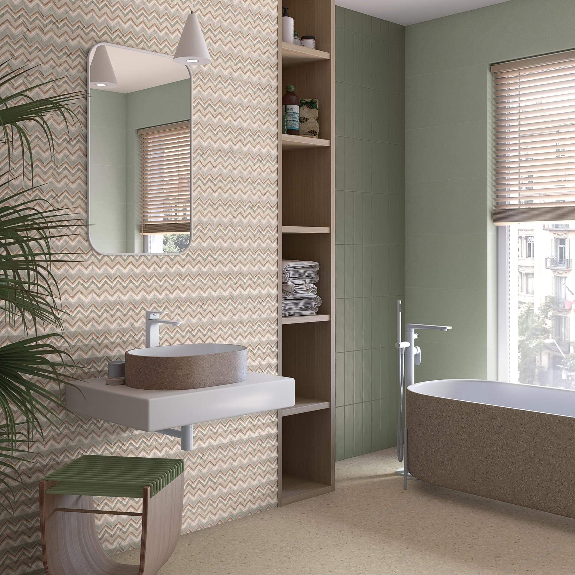 Baño con azulejos de pared estampados, lavabo flotante, estanterías empotradas y bañera independiente.