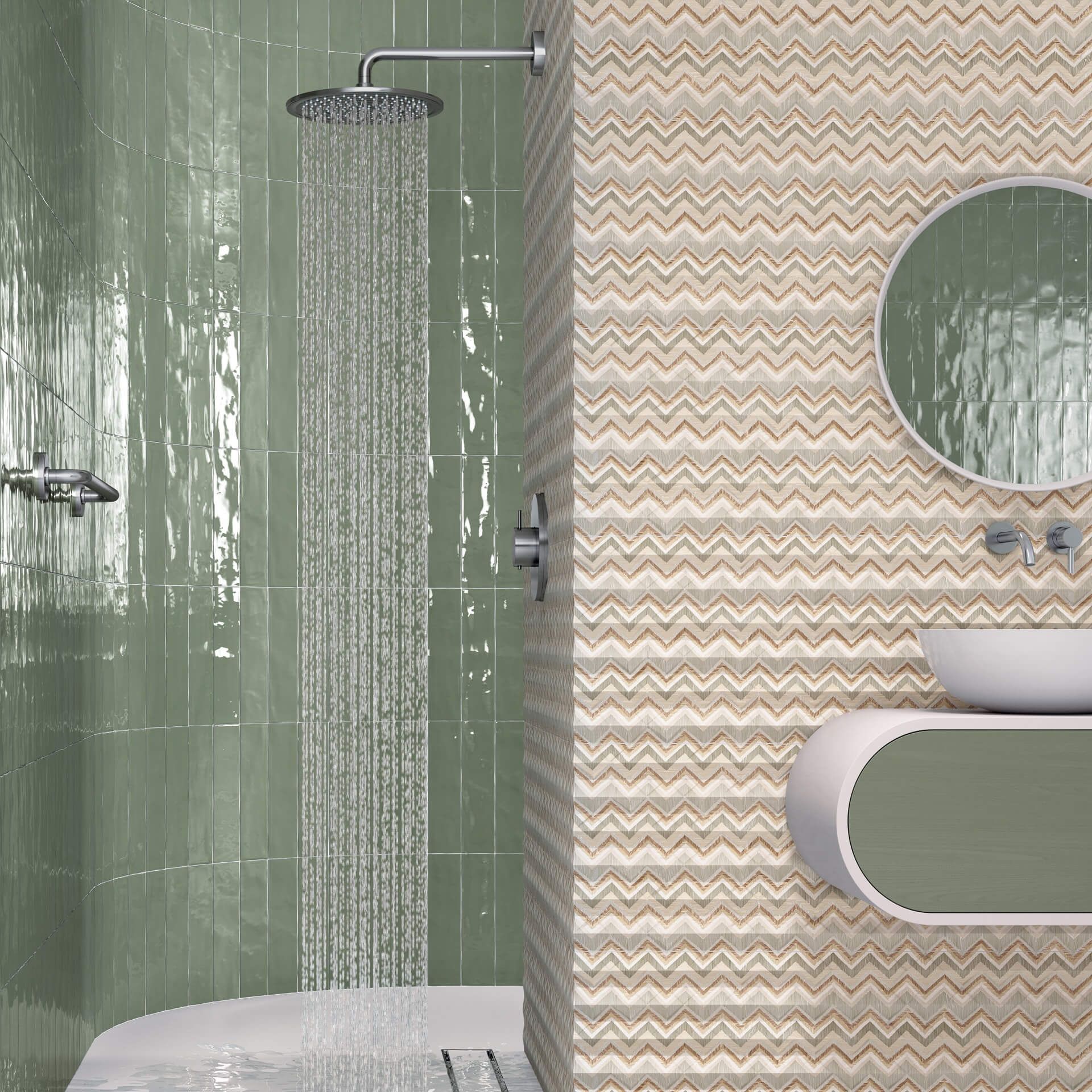 Ducha con paredes de azulejos verdes y agua corriente. Pared con diseño en zigzag, espejo redondo y lavabo.