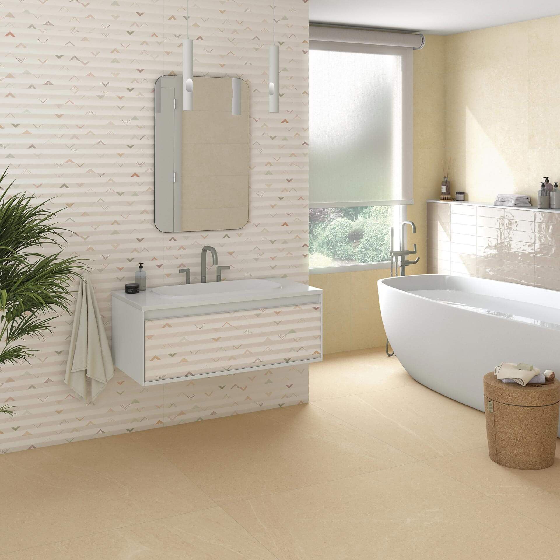 Baño con lavabo flotante, bañera y ventana grande. Combinación de colores crema y beige.