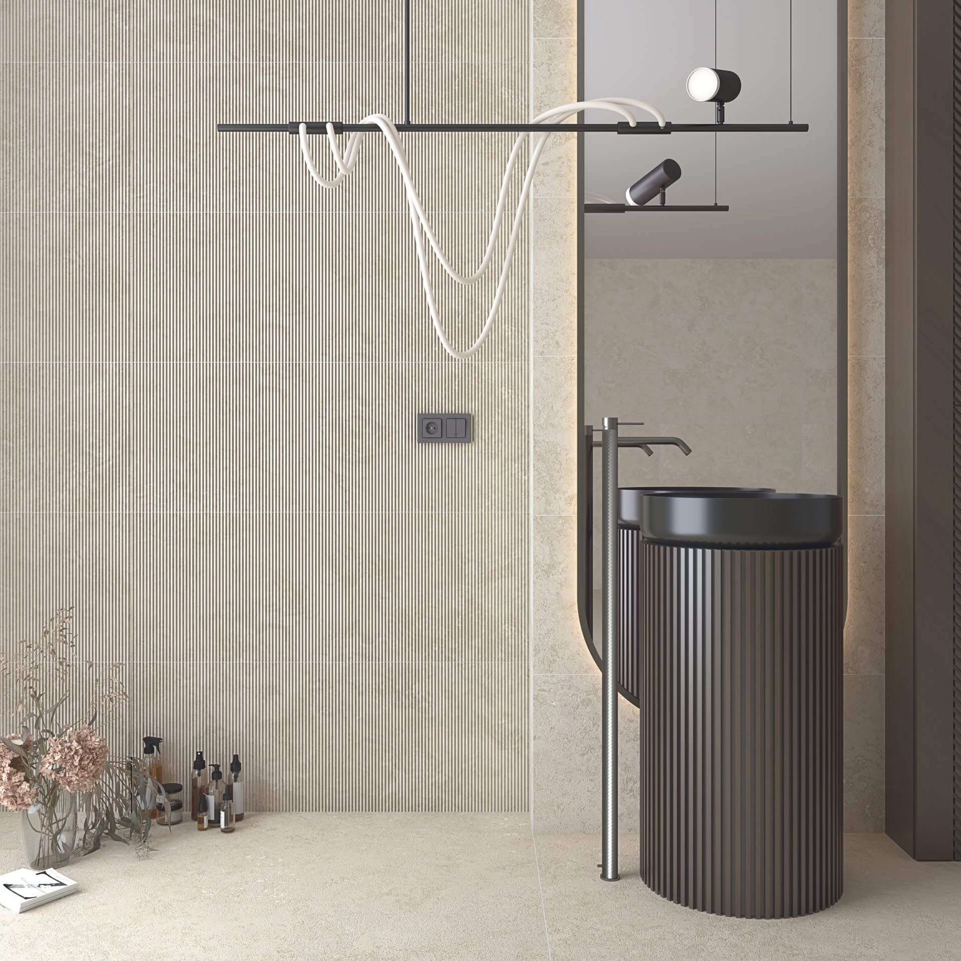 Baño moderno con pared texturizada de color beige, tocador negro y lámpara colgante.