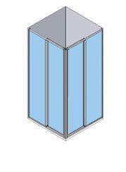 Vista isométrica de una cabina de ducha con techo inclinado y paneles de vidrio.