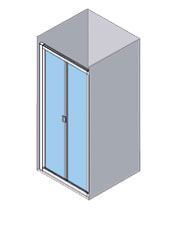 Vista isométrica de una cabina de ducha gris con dos puertas corredizas de vidrio azul.