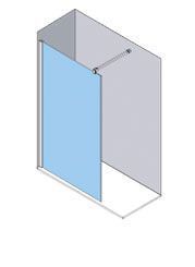 Vista isométrica de una cabina de ducha con un solo panel de vidrio azul y una barra de soporte.