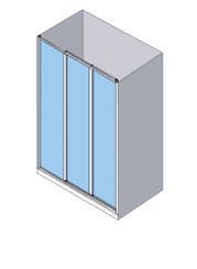 Vista isométrica de un gabinete gris con dos puertas corredizas de vidrio azul.