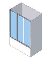 Vista isométrica de una cabina de ducha con puertas corredizas de vidrio sobre una bañera.