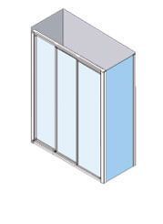 Mampara de ducha con puerta corrediza de cristal, paredes color azul claro, marco color plata.