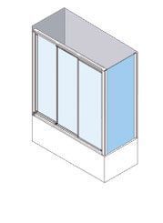 Mampara de bañera con puertas correderas de cristal, marco blanco, paredes azules, encimera.