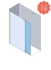 Vista isométrica de una cabina de ducha con puerta de vidrio y pared azul, marcada con un ícono 