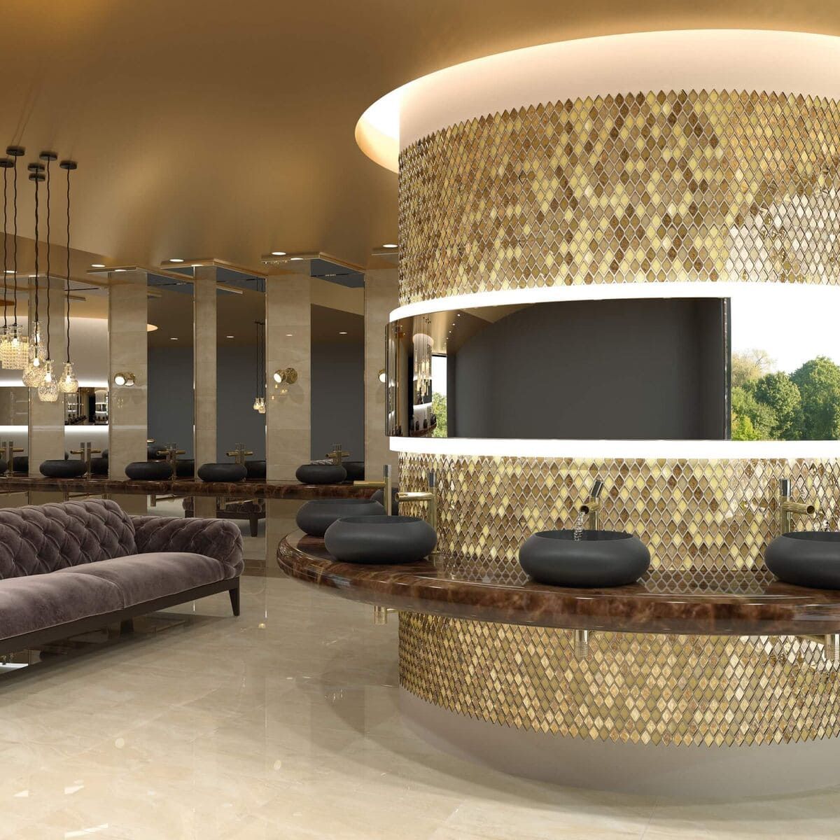 Lujoso interior de spa en oro y mármol con un lujoso sofá, mostrador circular y lavabos.