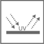 Un rectángulo gris absorbe la luz ultravioleta y la refleja con líneas punteadas.