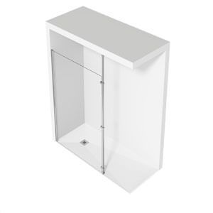 Cabina de ducha blanca con puerta de cristal, vista desde arriba, con desagüe.