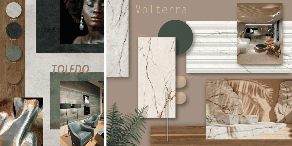 Tablero de estado de ánimo con colores neutros, texturas de piedra, elementos de diseño de interiores y una mujer.