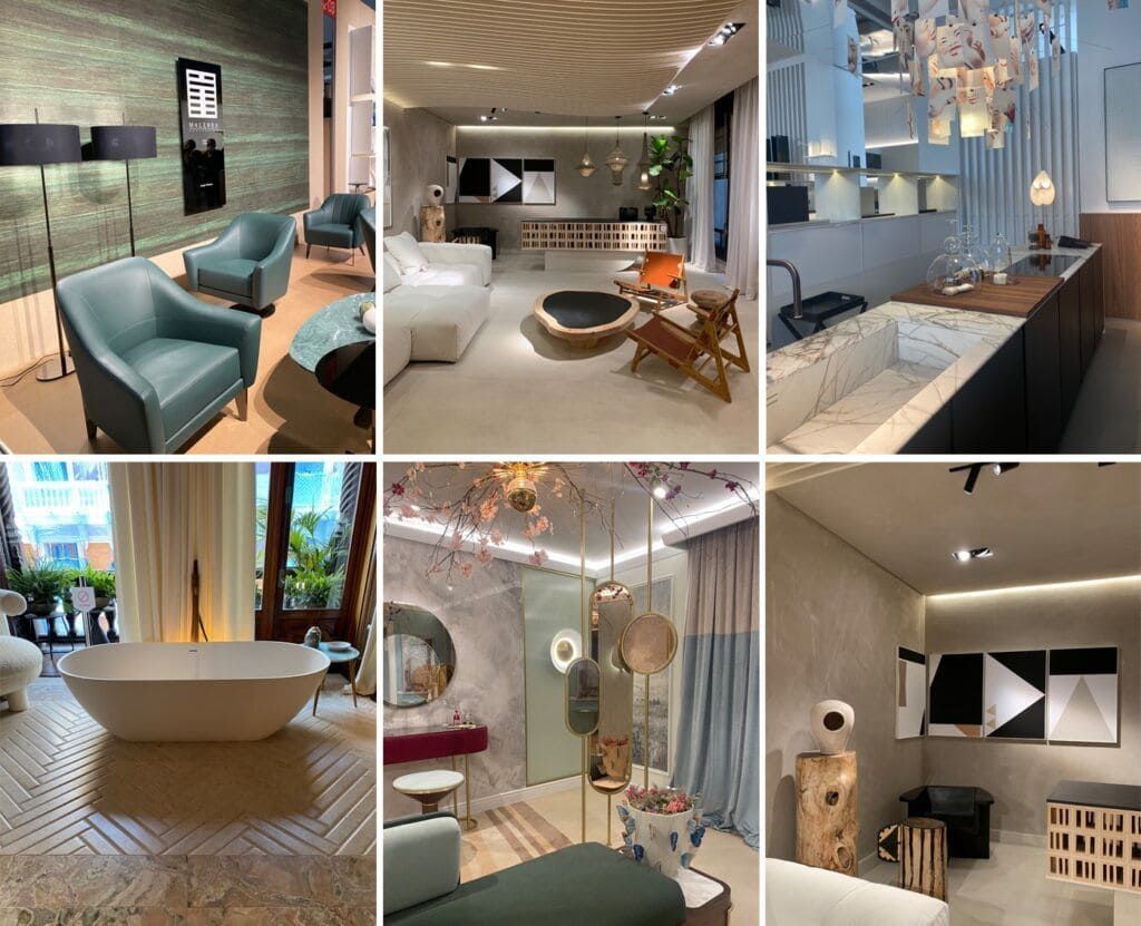 Seis fotografías de espacios interiores elegantes con muebles y decoración modernos.