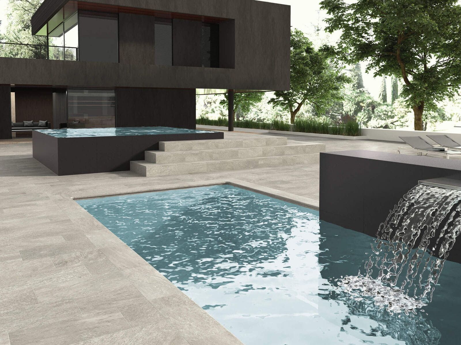 Casa moderna con exterior oscuro, dos piscinas y cascada en un entorno boscoso.