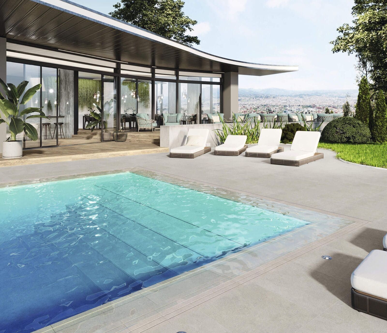 Vista de una casa moderna junto a la piscina, con tumbonas y vistas panorámicas. Paredes de cristal, agua azul y césped verde.