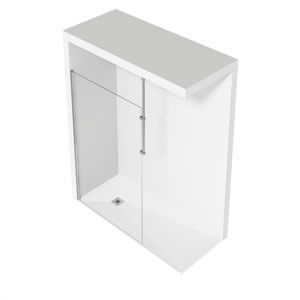 Cabina de ducha moderna de color blanco con puerta de cristal y tirador plateado.