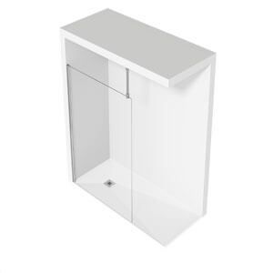 Cabina de ducha rectangular blanca con puerta de cristal.