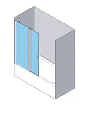 Bañera con mampara de cristal. Paneles de cristal azul corredizos. Paredes grises. Bañera blanca.