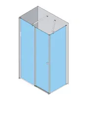 Una mampara de ducha de cristal con paneles azules y marco plateado en una esquina.