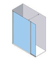 Vista isométrica de una cabina de ducha con puerta de vidrio azul y pared parcial.