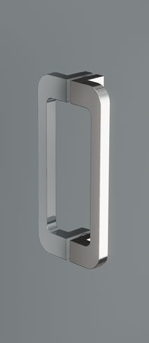 Manija de puerta de ducha cromada sobre un fondo gris.