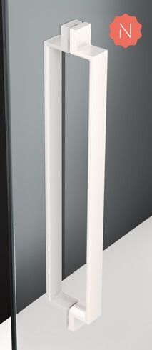 Manija para puerta de ducha rectangular de color blanco, montada sobre cristal.