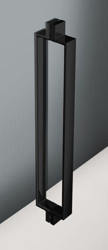 Manija de puerta rectangular de color negro sobre fondo blanco y gris.