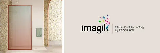 Una puerta de cristal con degradado de color. Un logotipo con el nombre 