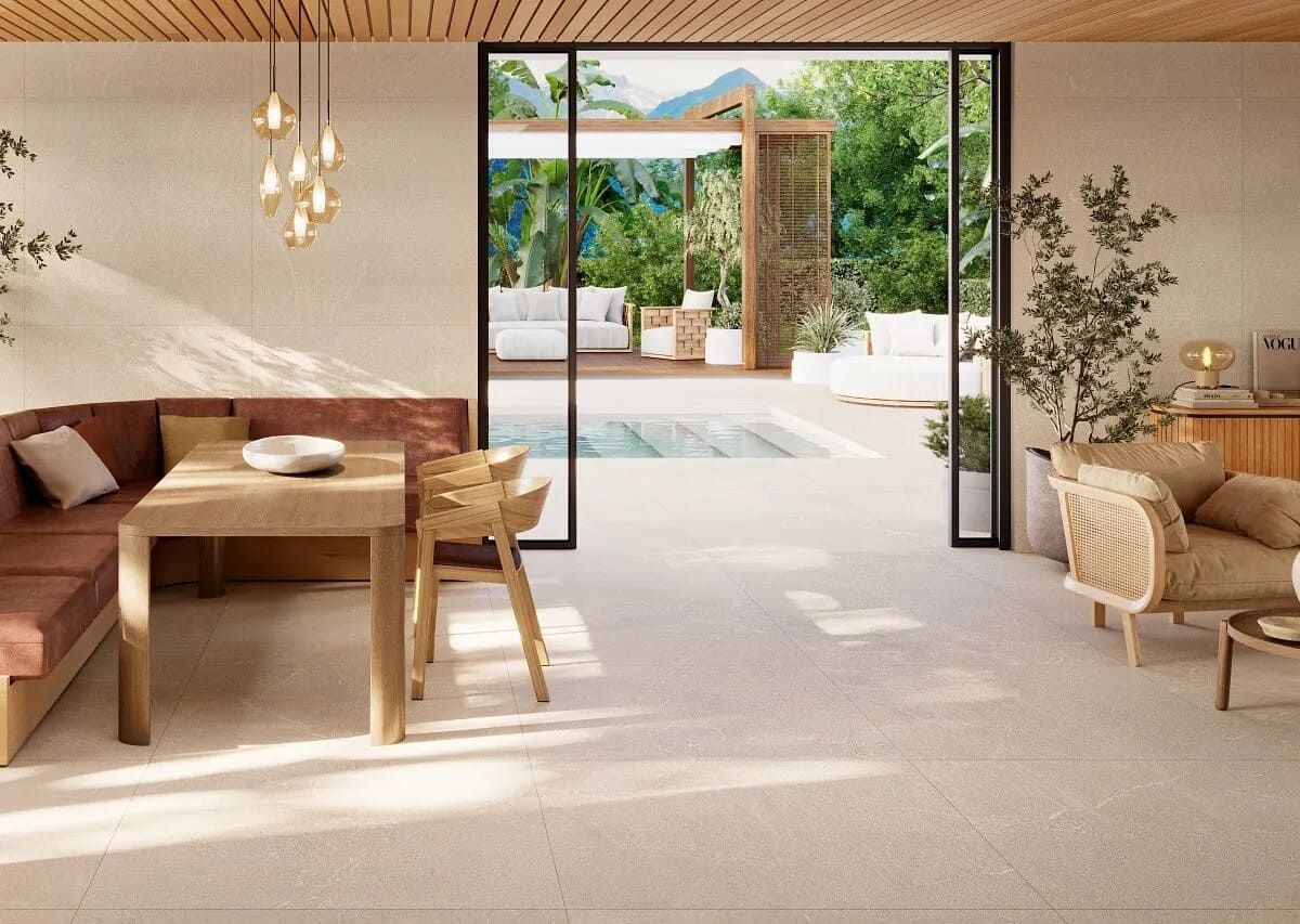 Interior con puertas abiertas que dan a la piscina. Mesa de comedor, asientos y vistas a la vegetación.