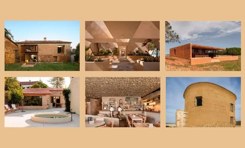 Seis fotografías de edificios rústicos con tonos terrosos y luz natural.