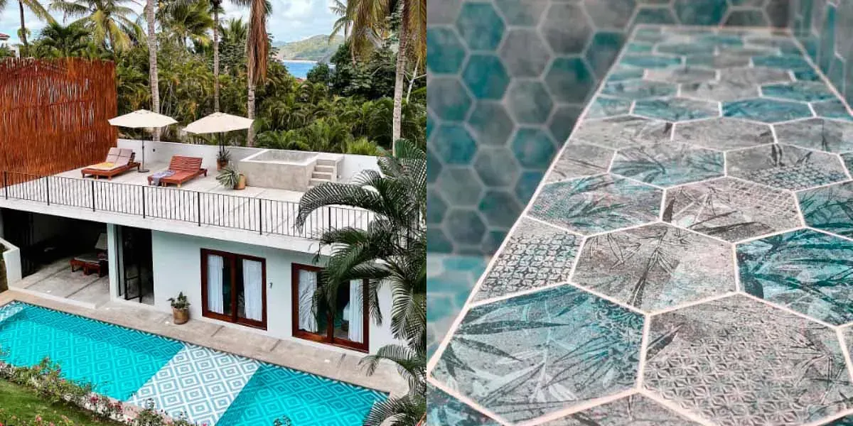 Una casa con piscina y terraza, además de un primer plano del piso de la ducha con azulejos hexagonales.