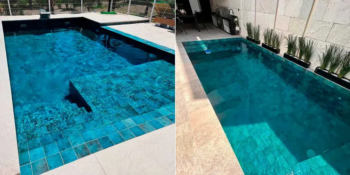 Dos piscinas con azulejos azules y piedra blanca alrededor. Una al aire libre y la otra cubierta.