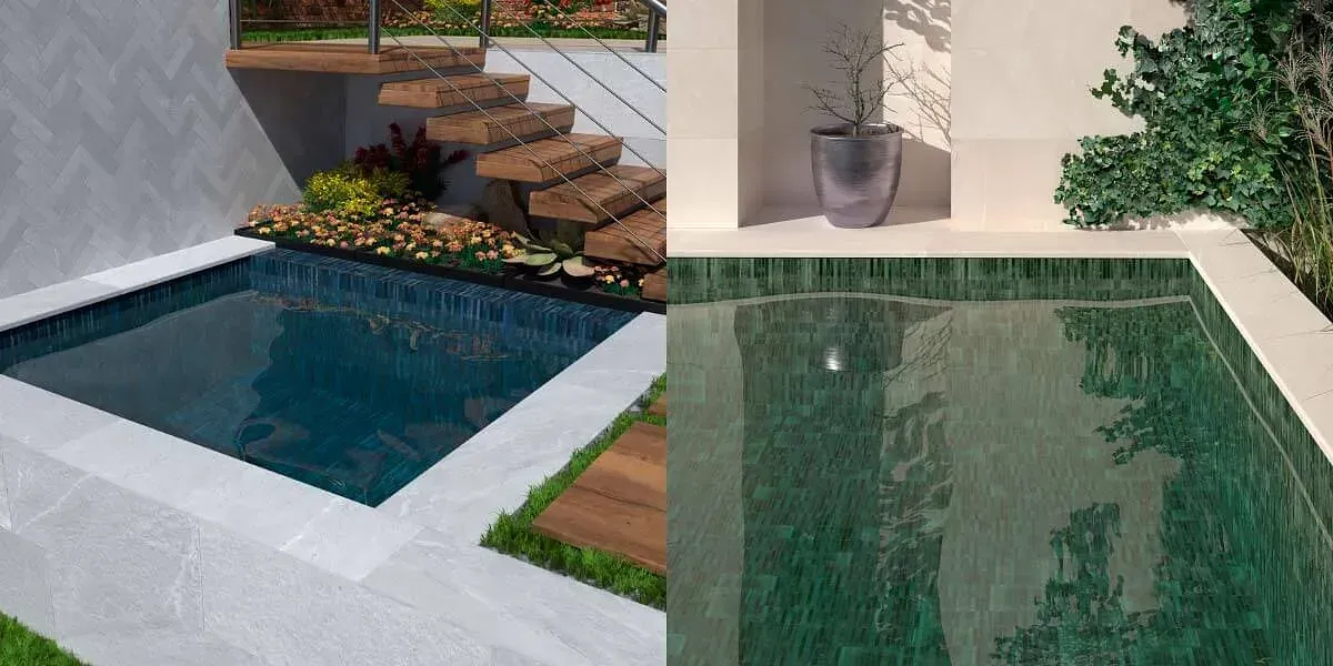 Dos pequeñas piscinas; una azul oscuro y la otra verde. Ambas están rodeadas de piedra, una con escaleras y la otra con vegetación.