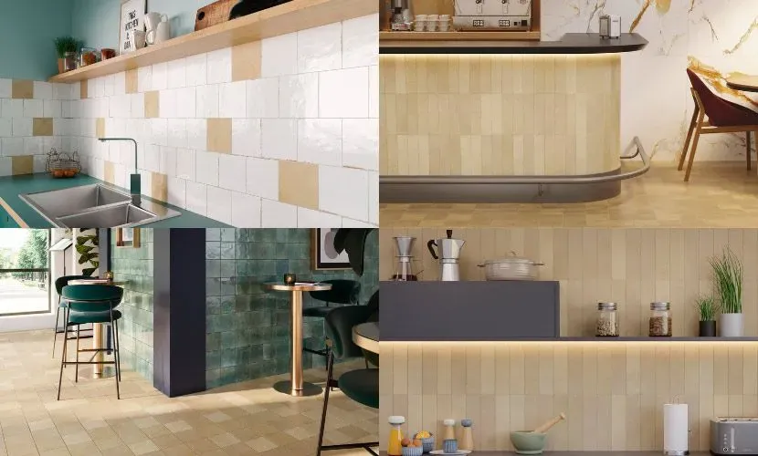 Cuatro interiores de cafetería con áreas de bar y diferentes diseños de azulejos, madera y encimeras.