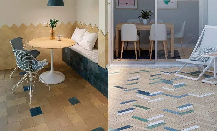 Dos habitaciones con suelos estampados: una con cuadros azules y la otra con diseño de espiga. Una tiene una mesa redonda y la otra, una mesa de comedor.