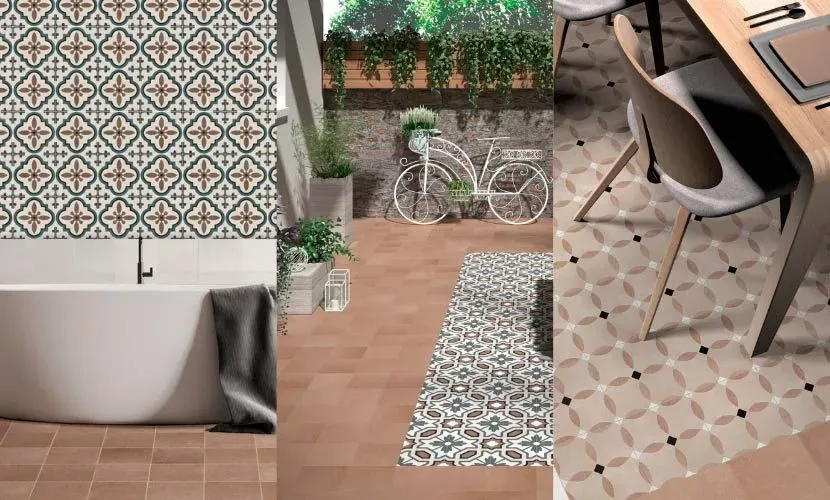 Tres espacios interiores revestidos: baño, patio y comedor, que muestran diseños de azulejos estampados.
