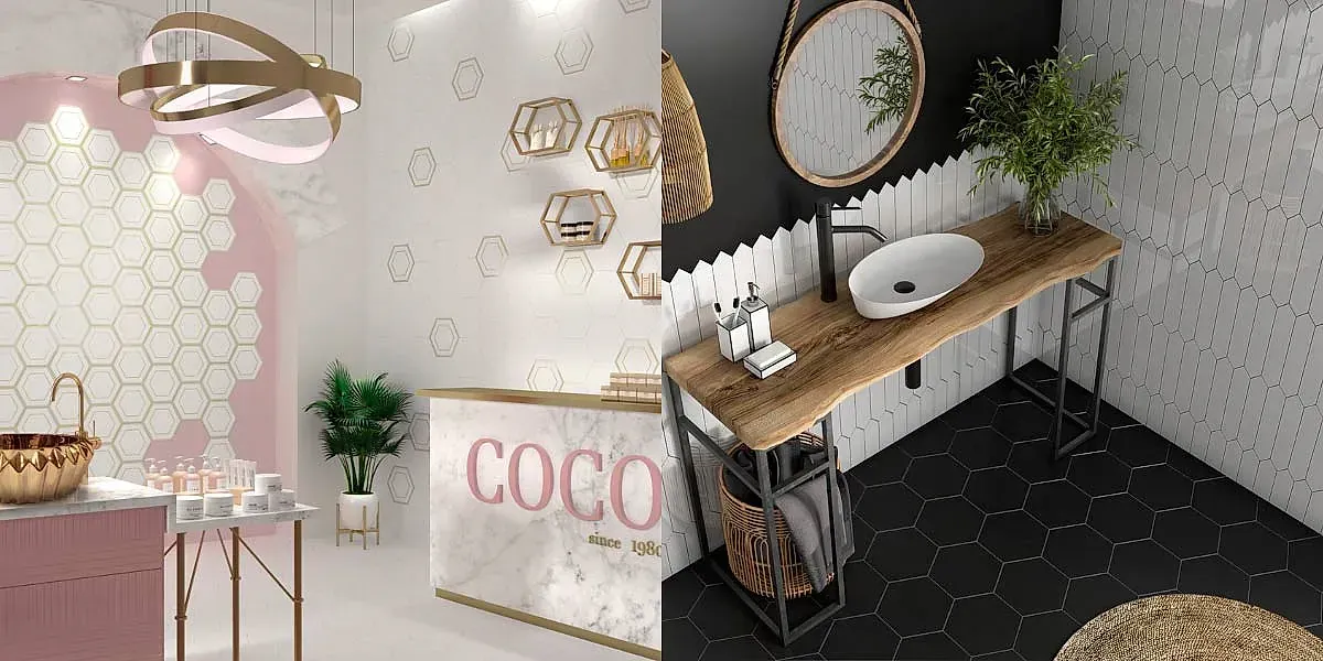 Dos escenas de baño. Una en rosa y blanco, la otra en negro y tonos madera, ambas con azulejos hexagonales.