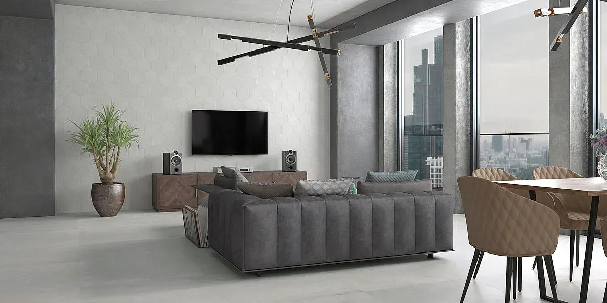 Moderna sala de estar con sofá gris, grandes ventanales, TV y mesa de comedor.
