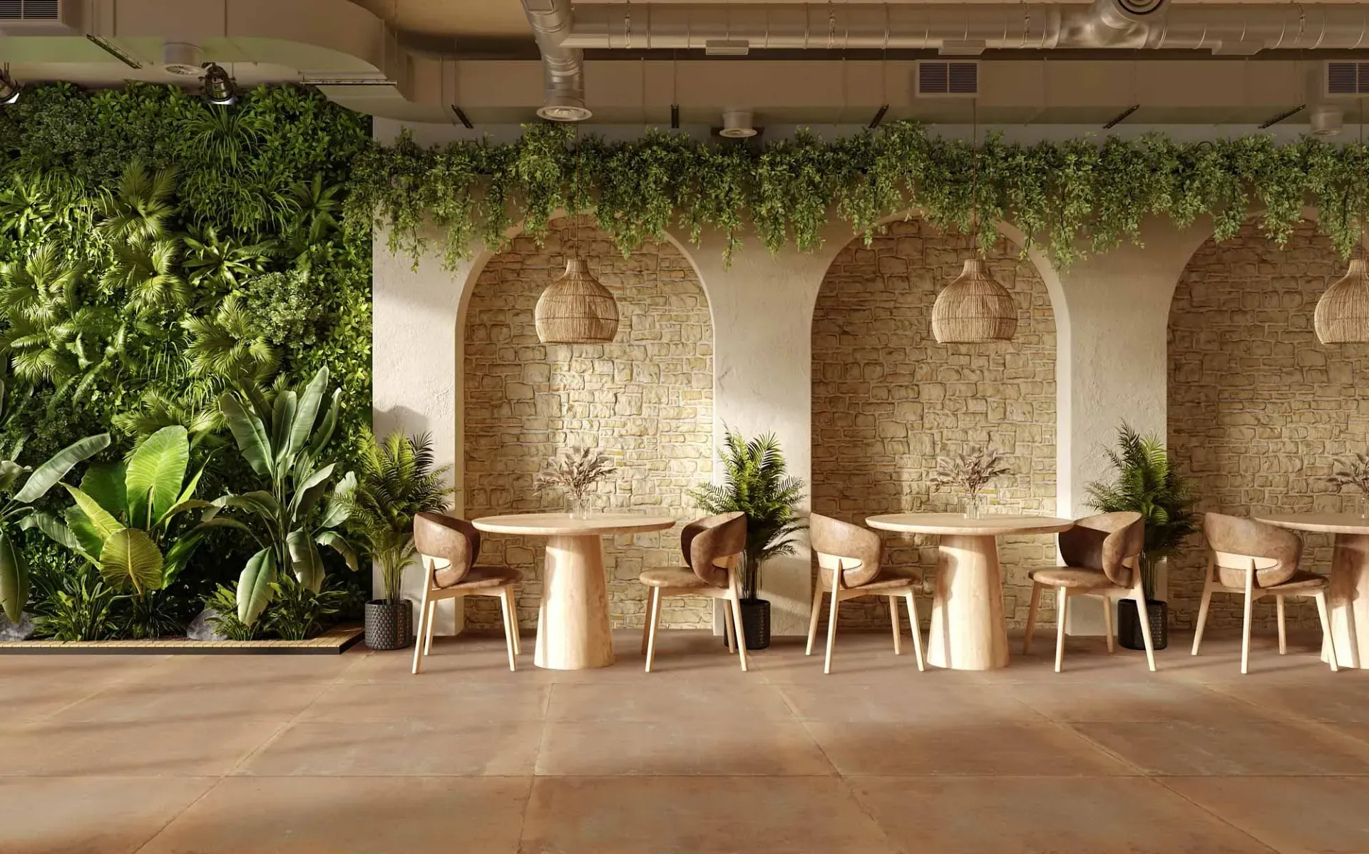 Interior de cafetería con cabinas arqueadas, mesas de madera y una exuberante pared verde.