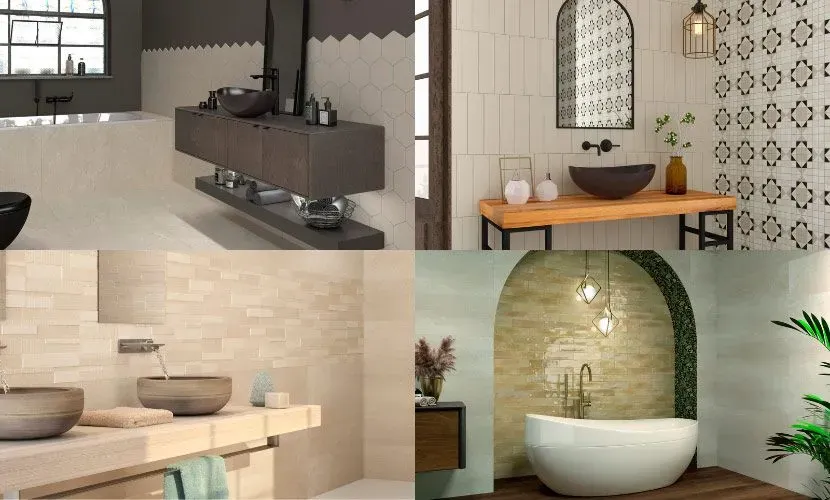 Cuatro interiores de baños que muestran diseño de azulejos, colores neutros y diversos accesorios.