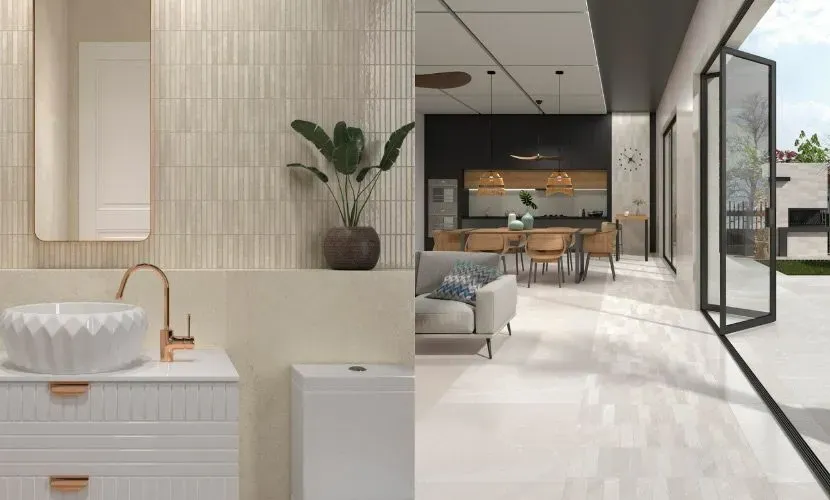 Interior moderno con baño y sala de estar de planta abierta; tonos neutros, accesorios blancos y grandes puertas de vidrio.