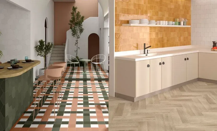Un diseño interior de escena dividida con un piso de baldosas a cuadros y una cocina con protector contra salpicaduras de color amarillo anaranjado.